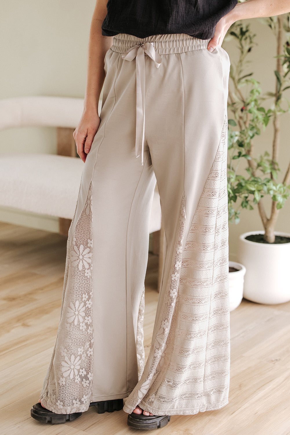 Smoke Gray Boho Lace Patchwork Wide Leg High Waist Pants - Premium Bottoms/Pants & Culotte from Ashes 2 Wildflowers Boutique, LLC- Just $32.55! Shop now at Ashes 2 Wildflowers Boutique, LLC