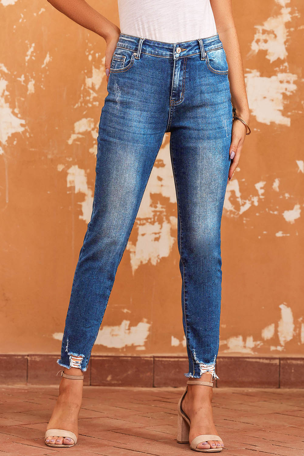 Blue Raw Hem Ankle-length Skinny Jeans - Premium Bottoms from Momma Done Gone Crafty- Just $60.99! Shop now at Momma Done Gone Crafty
