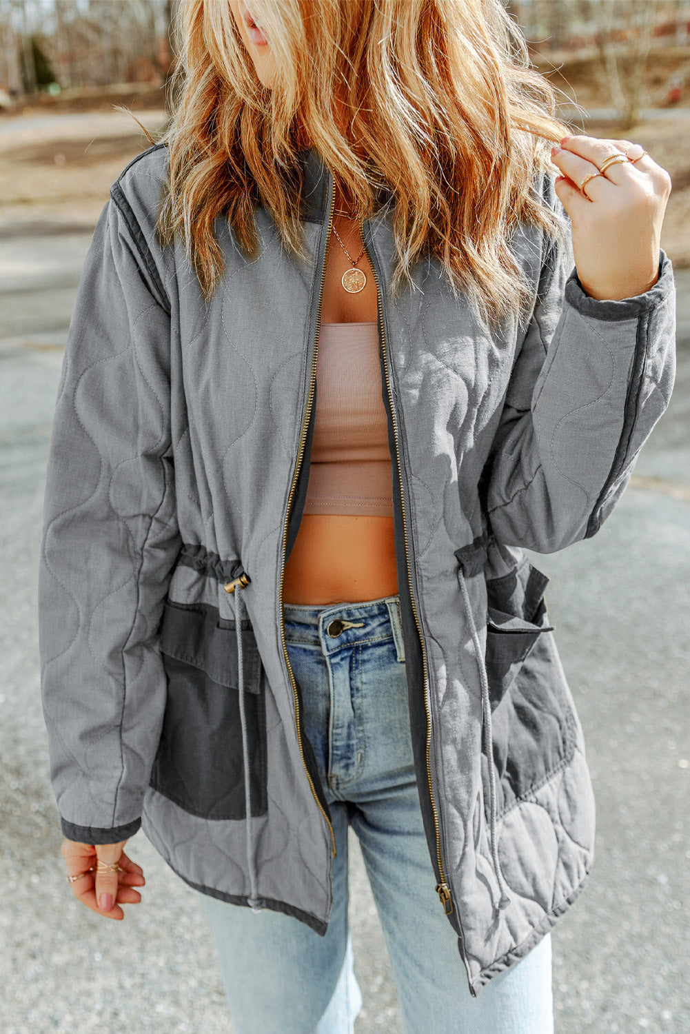 Gray Stitching Quilted Drawstring Jacket - Premium Outerwear from Momma Done Gone Crafty- Just $65.94! Shop now at Momma Done Gone Crafty
