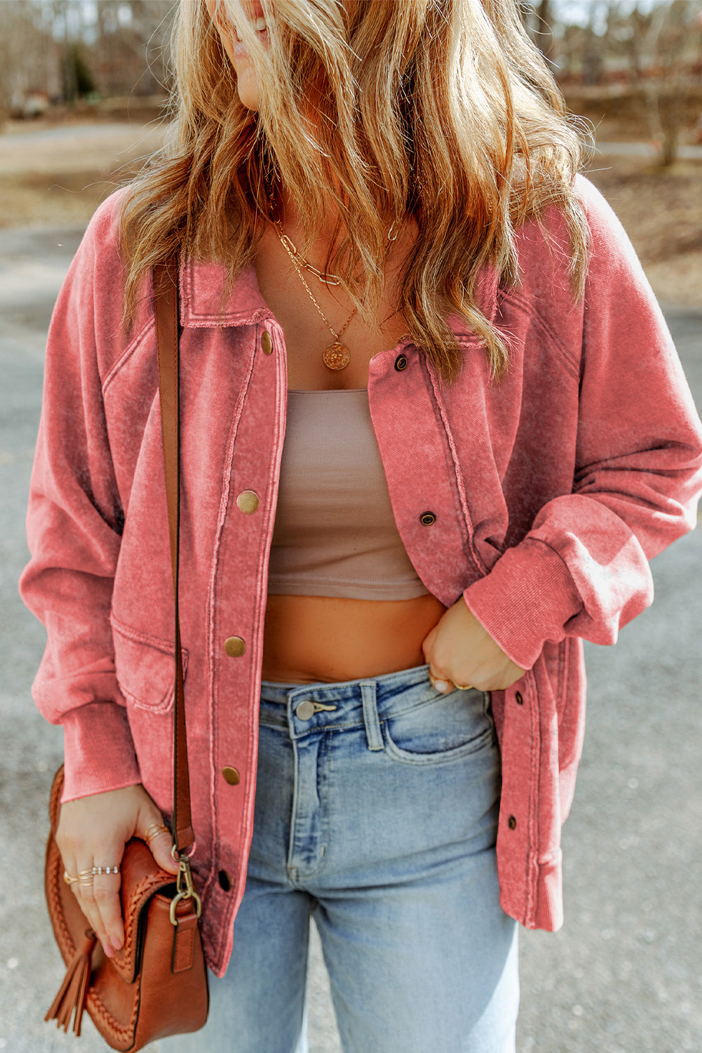 Red Vintage Washed Flap Pocket Button Shacket - Premium Outerwear from Momma Done Gone Crafty- Just $64.50! Shop now at Momma Done Gone Crafty