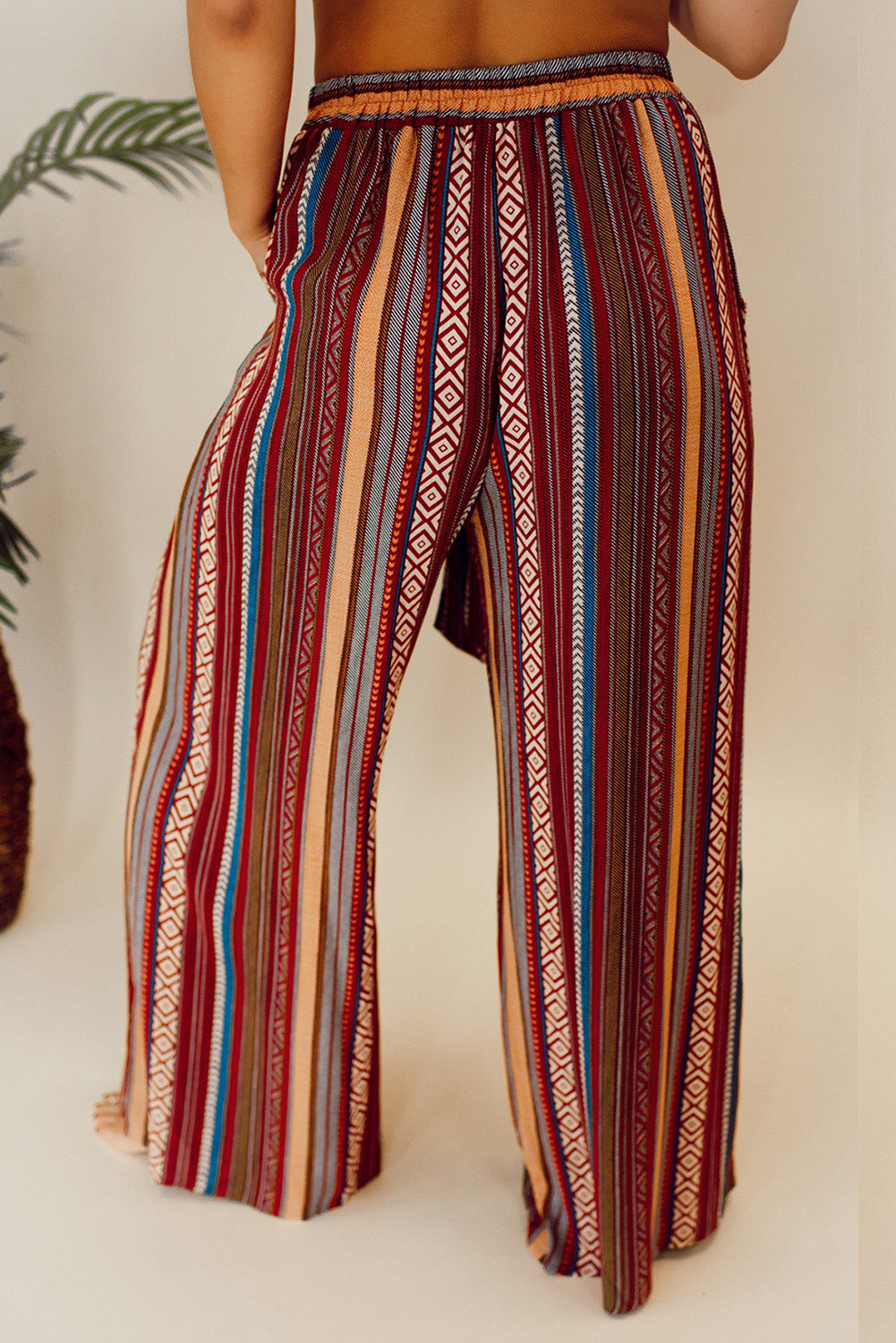 Red Boho Ethnic Striped Print Tie Waist Wide Leg Pants - Premium Bottoms/Pants & Culotte from Momma Done Gone Crafty- Just $22.83! Shop now at Momma Done Gone Crafty