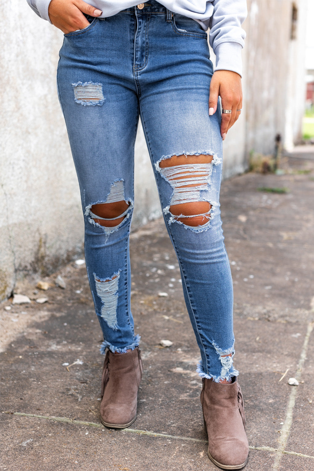 Sky Blue High Waist Distressed Skinny Jeans - Premium Bottoms from Momma Done Gone Crafty- Just $60.00! Shop now at Momma Done Gone Crafty
