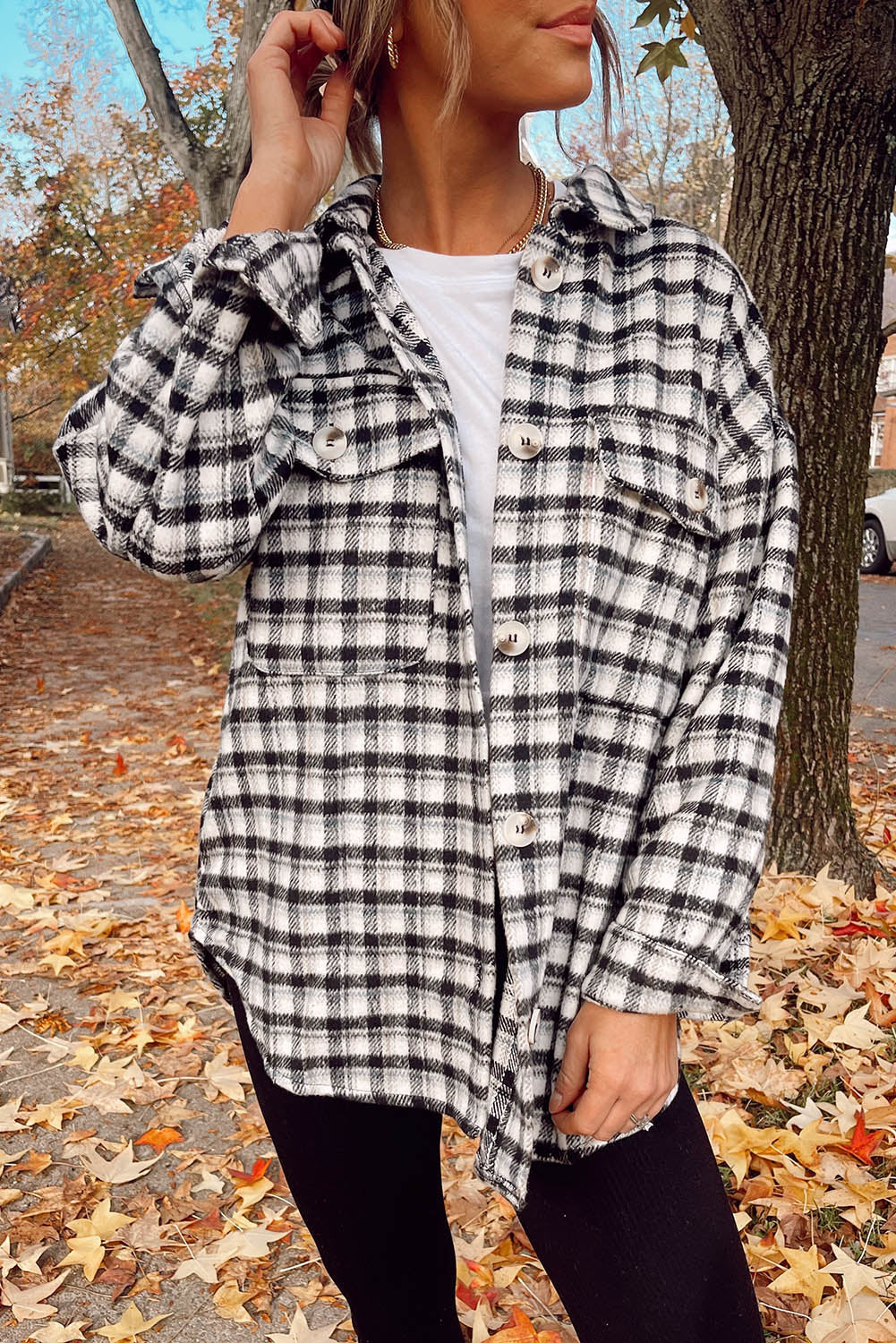 Black Plaid Print Chest Pockets Buttoned Tunic Shacket - Premium Outerwear from Momma Done Gone Crafty- Just $40.00! Shop now at Momma Done Gone Crafty