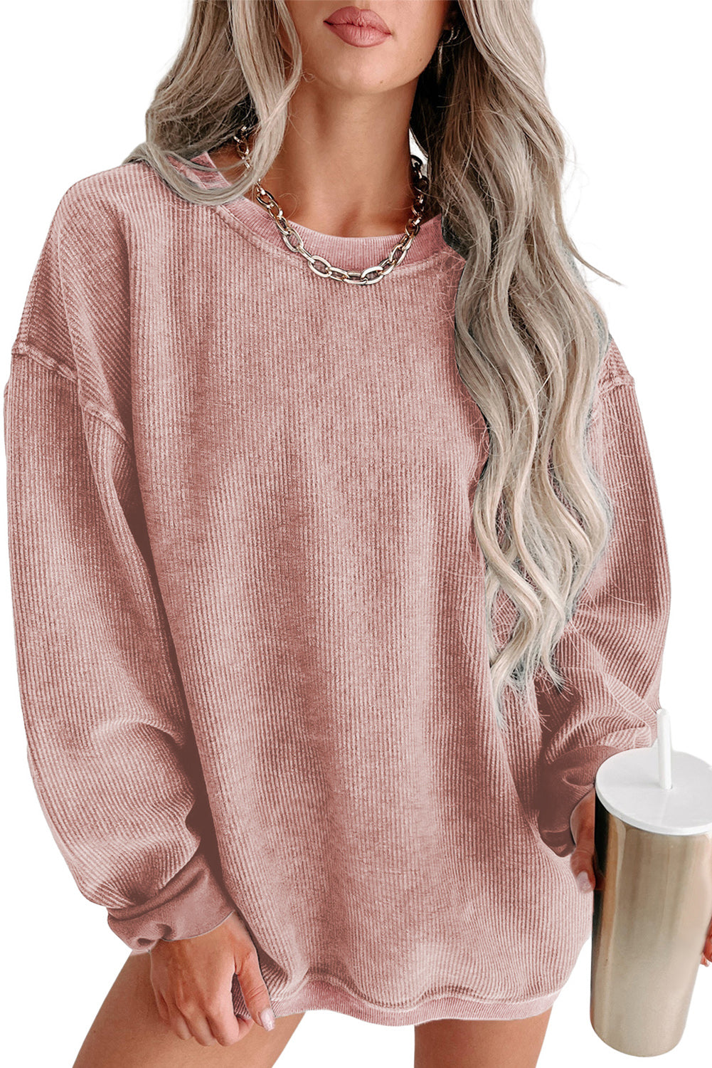 Pink Solid Ribbed Knit Round Neck Pullover Sweatshirt - Premium Tops from Momma Done Gone Crafty- Just $38.94! Shop now at Momma Done Gone Crafty