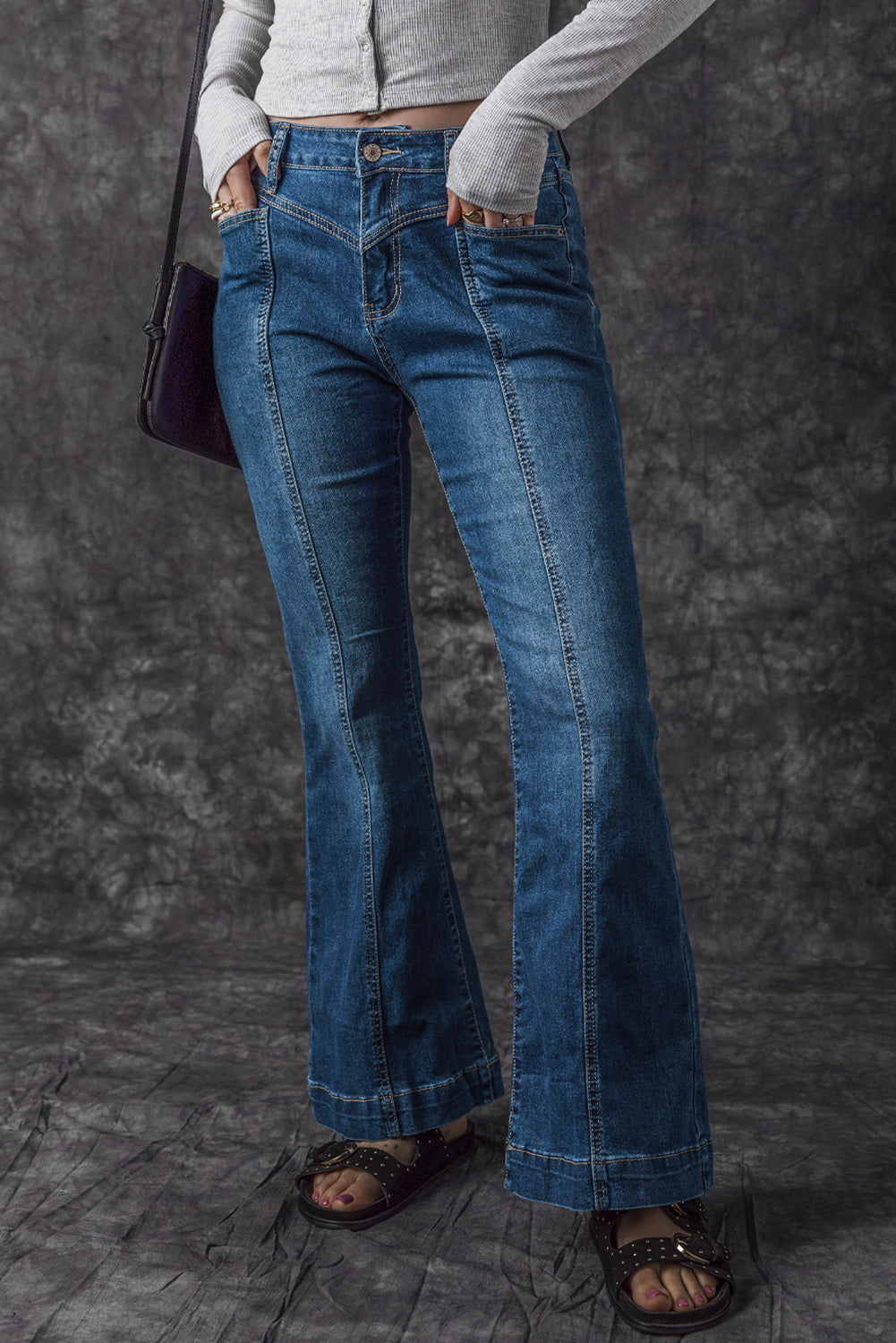 Blue High Waist Seam Stitching Pocket Flare Jeans - Premium Bottoms from Momma Done Gone Crafty- Just $60! Shop now at Momma Done Gone Crafty