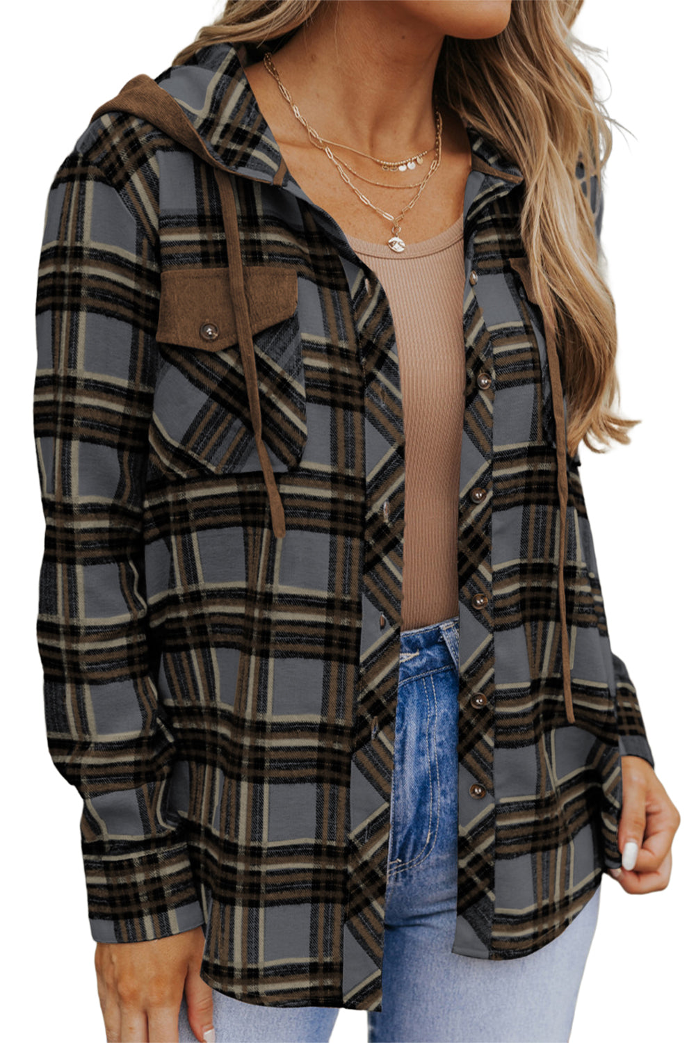 Contrast Hooded Drawstring Plaid Shacket - Premium Outerwear from Momma Done Gone Crafty- Just $61.23! Shop now at Momma Done Gone Crafty
