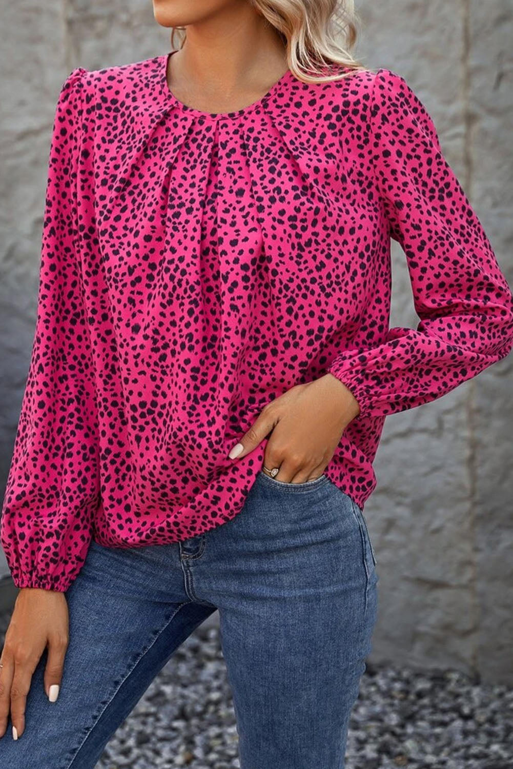 Rose Leopard Print Pleated Blouse with Keyhole - Premium Tops from Momma Done Gone Crafty- Just $37.10! Shop now at Momma Done Gone Crafty