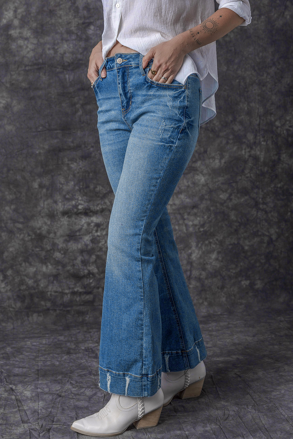 Sky Blue Slight Distressed Medium Wash Flare Jeans - Premium Bottoms from Momma Done Gone Crafty- Just $69.30! Shop now at Momma Done Gone Crafty