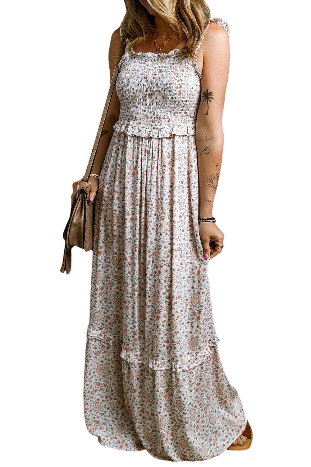 White Lace Frilly Straps Shirred Floral Maxi Dress - Premium Dresses/Maxi Dresses from Momma Done Gone Crafty- Just $52.99! Shop now at Momma Done Gone Crafty
