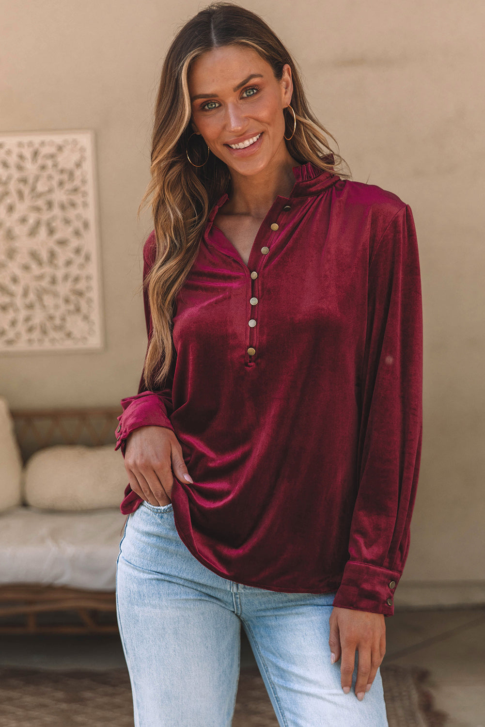 Biking Red Frilled Neck Buttoned Front Velvet Top - Premium Tops from Momma Done Gone Crafty- Just $40.11! Shop now at Momma Done Gone Crafty