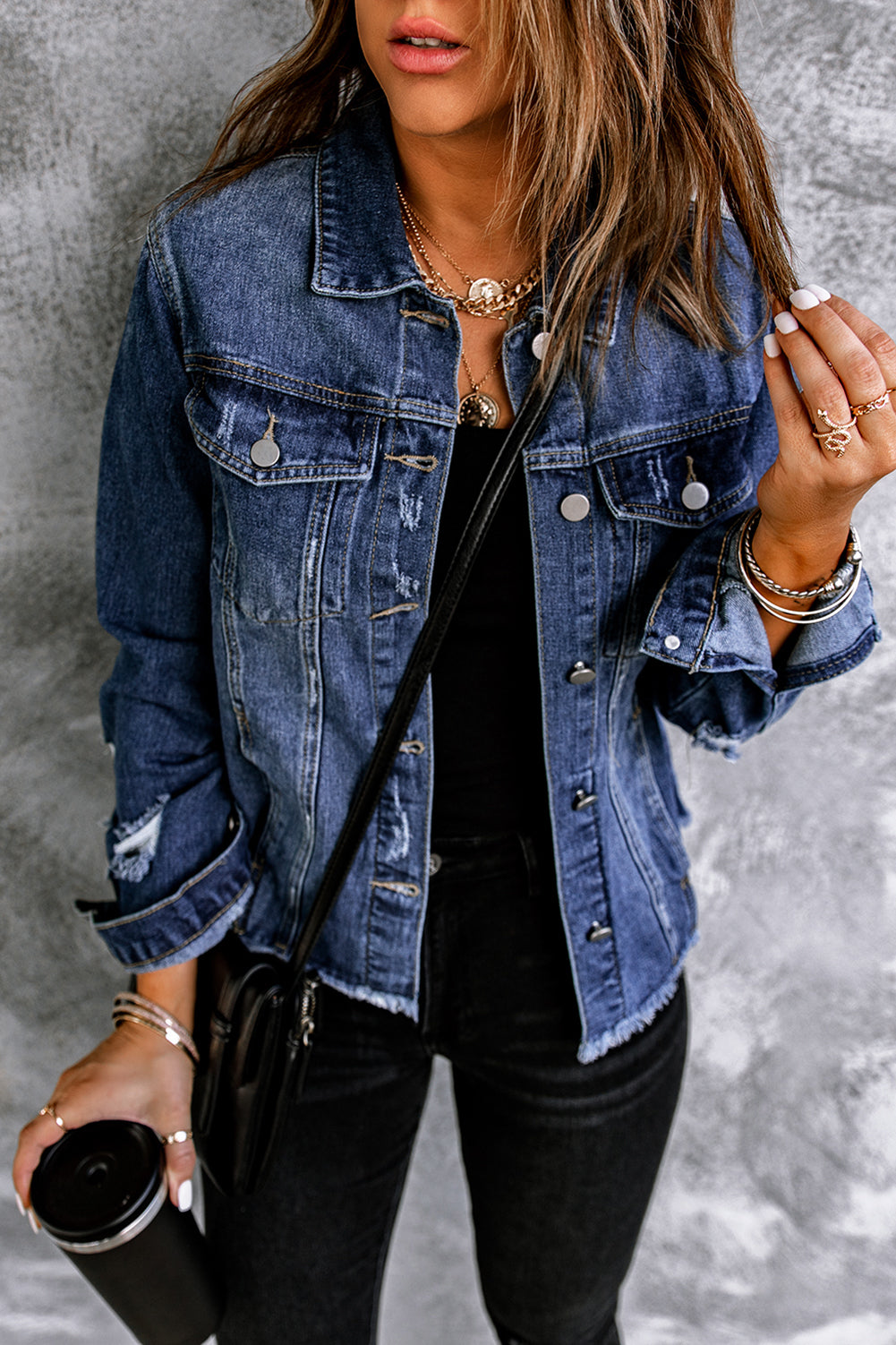 Blue Lapel Distressed Raw Hem Buttons Denim Jacket - Premium Outerwear from Momma Done Gone Crafty- Just $65.99! Shop now at Momma Done Gone Crafty