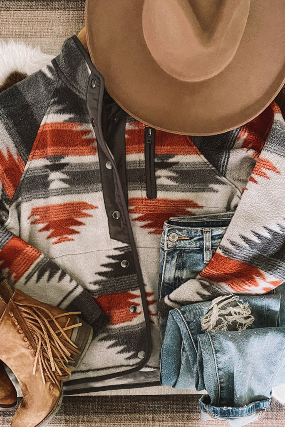 Gray Western Aztec Snap Buttoned Fleece Jacket - Premium Outerwear from Momma Done Gone Crafty- Just $47.70! Shop now at Momma Done Gone Crafty