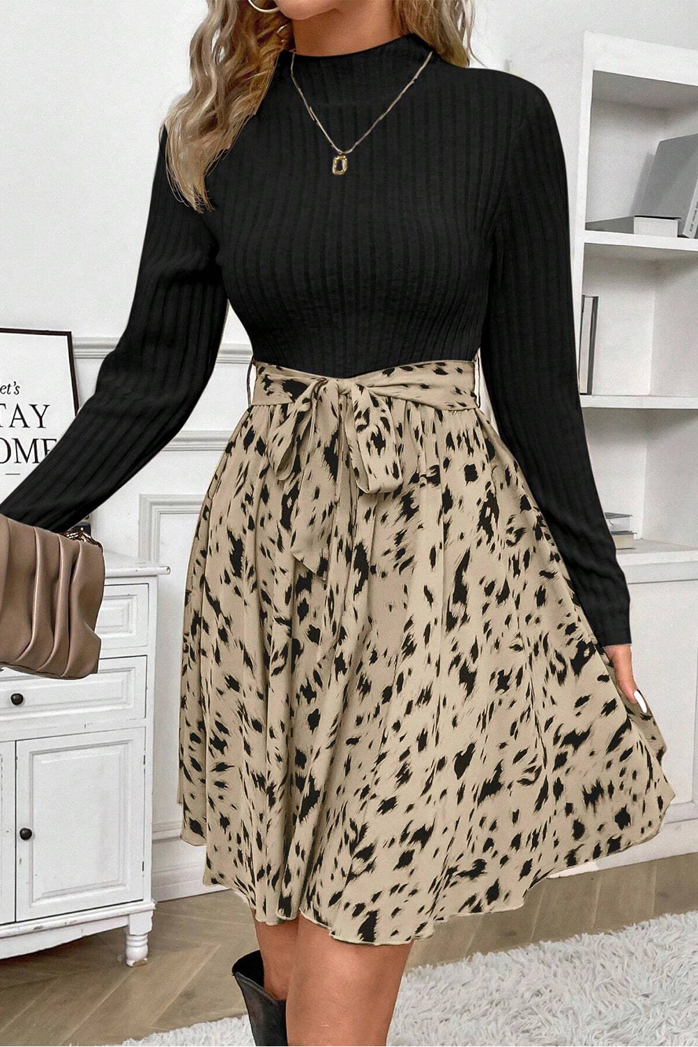 Black Ribbed Knit Patchwork Printed Belted A-line Dress - Premium Dresses/Mini Dresses from Momma Done Gone Crafty- Just $45.99! Shop now at Momma Done Gone Crafty