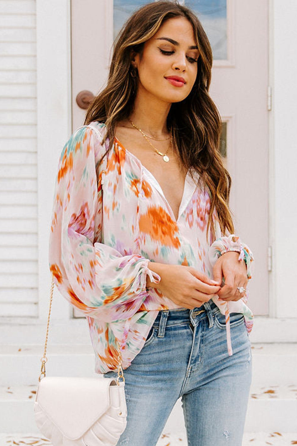 Multicolor Abstract Print Split Neck Puff Sleeve Blouse - Premium Tops from Momma Done Gone Crafty- Just $33.30! Shop now at Momma Done Gone Crafty