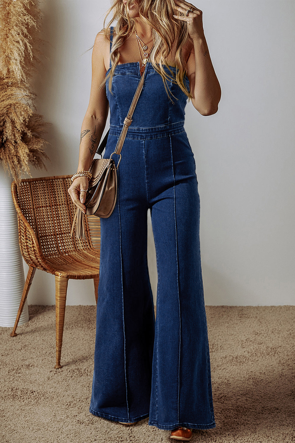 Sail Blue Seamed Zipper Spaghetti Strap High Waist Flared Jumpsuit - Premium Bottoms/Jumpsuits & Rompers from Momma Done Gone Crafty- Just $48.15! Shop now at Momma Done Gone Crafty
