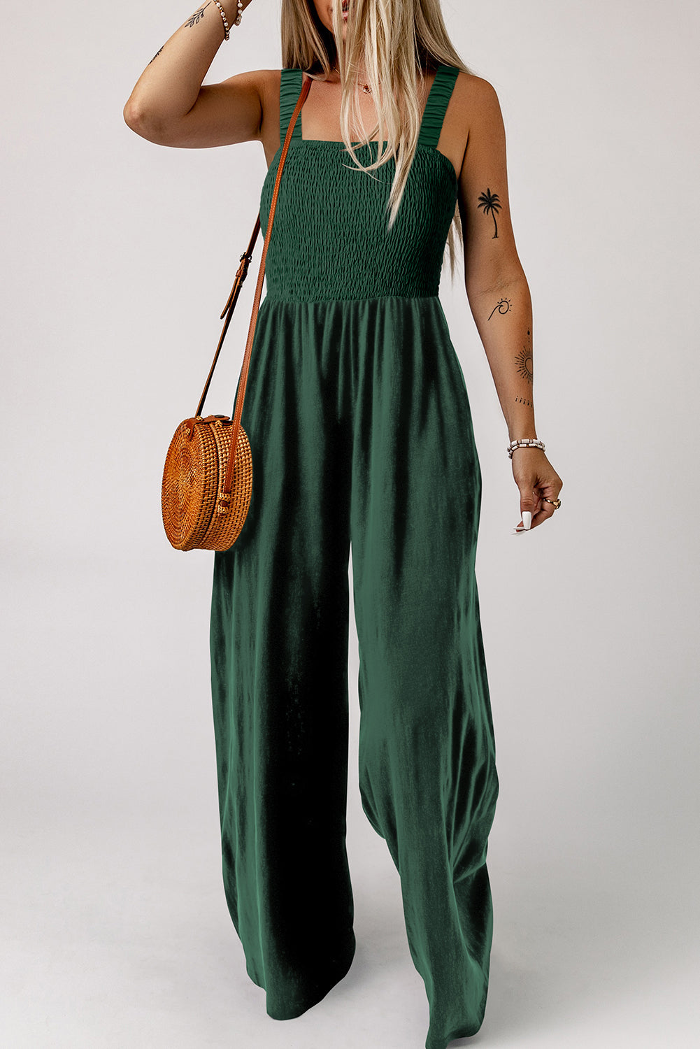 Green Smocked Sleeveless Wide Leg Jumpsuit with Pockets - Premium Bottoms/Jumpsuits & Rompers from Ashes 2 Wildflowers Boutique, LLC- Just $25.50! Shop now at Ashes 2 Wildflowers Boutique, LLC