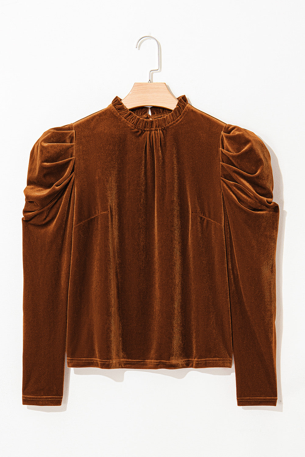 Chestnut Frilled Collar Puff Sleeve Velvet Top - Premium Tops from Momma Done Gone Crafty- Just $25.99! Shop now at Momma Done Gone Crafty