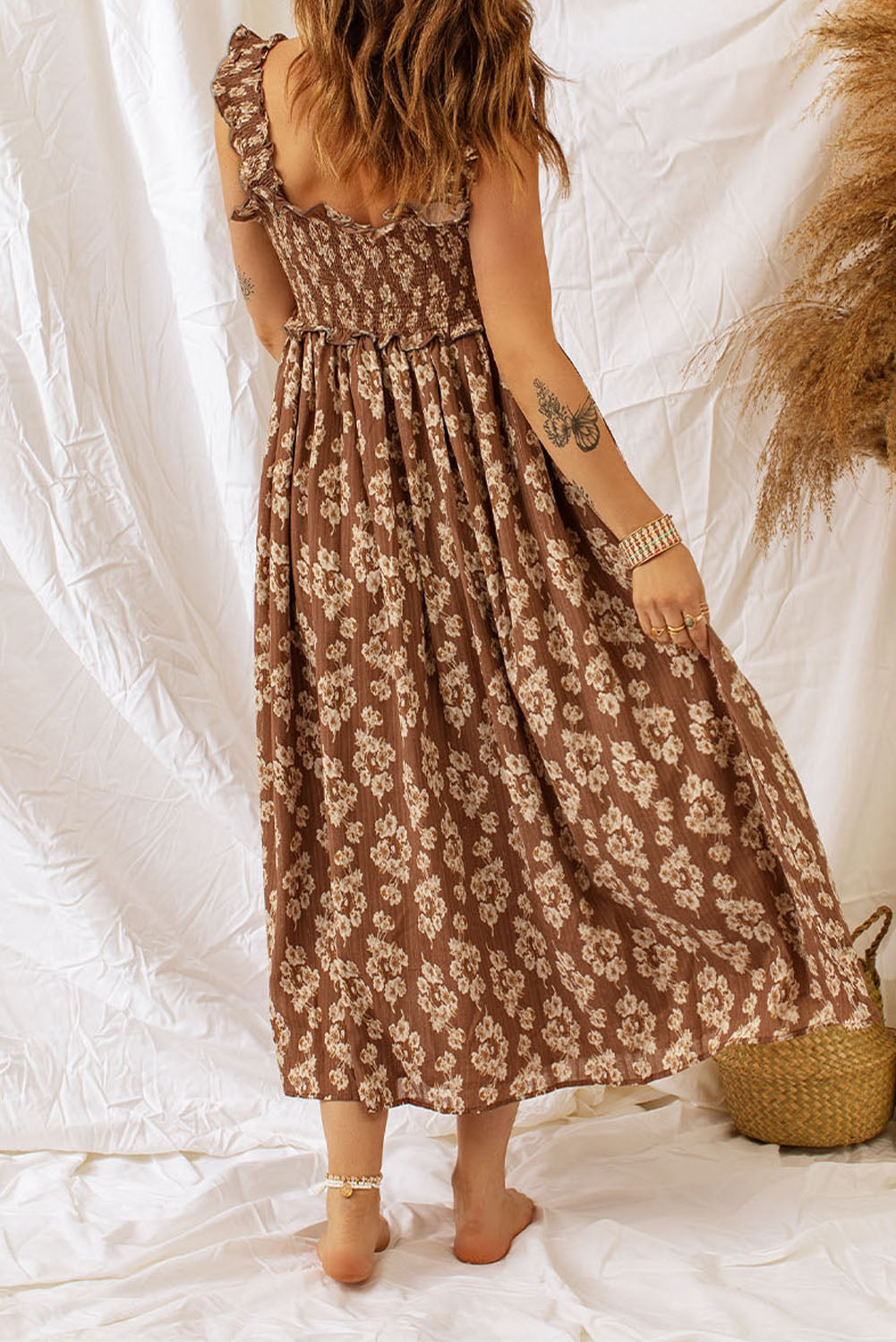 Brown Ruffled Straps Smocked Floral Maxi Dress - Premium Dresses from Momma Done Gone Crafty- Just $45.99! Shop now at Momma Done Gone Crafty