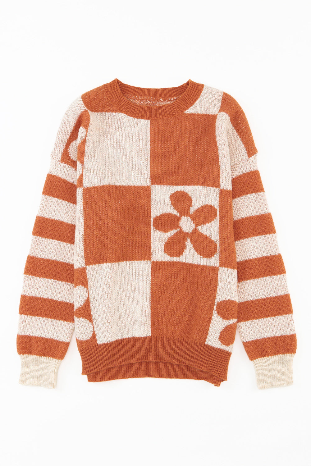 Brown Checkered Floral Print Striped Sleeve Sweater - Premium Tops from Momma Done Gone Crafty- Just $31.50! Shop now at Momma Done Gone Crafty