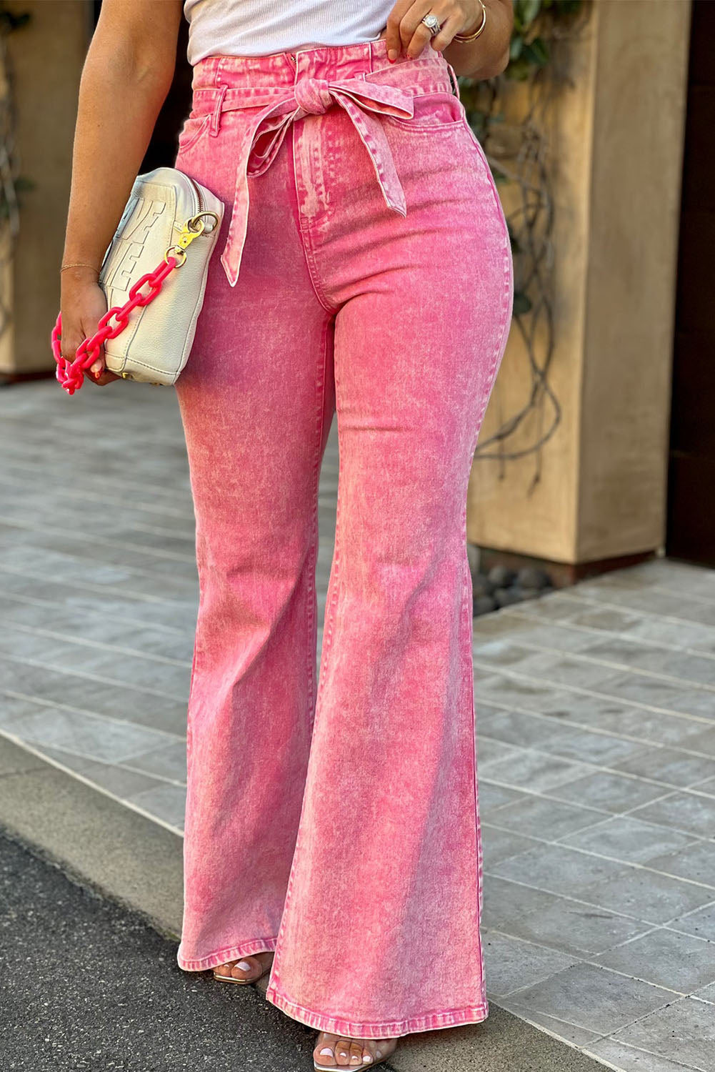 Pink Flare Leg High Waist Front Knot Casual Jeans - Premium Bottoms from Momma Done Gone Crafty- Just $74.40! Shop now at Momma Done Gone Crafty