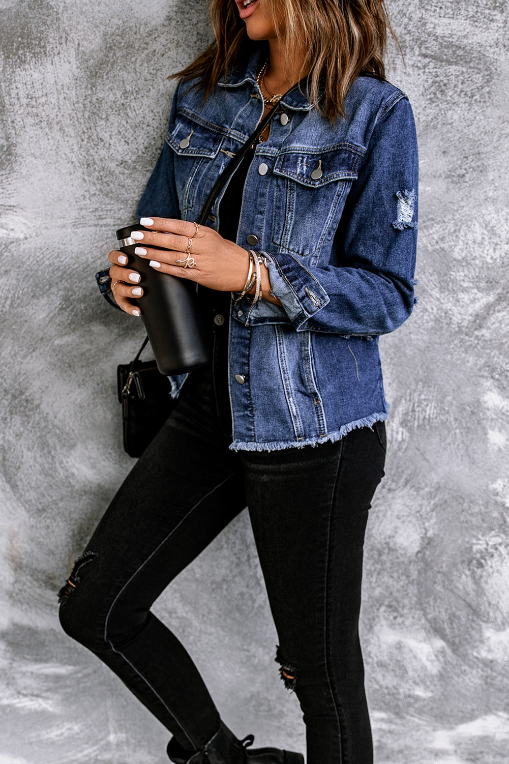 Blue Lapel Distressed Raw Hem Buttons Denim Jacket - Premium Outerwear from Momma Done Gone Crafty- Just $65.99! Shop now at Momma Done Gone Crafty