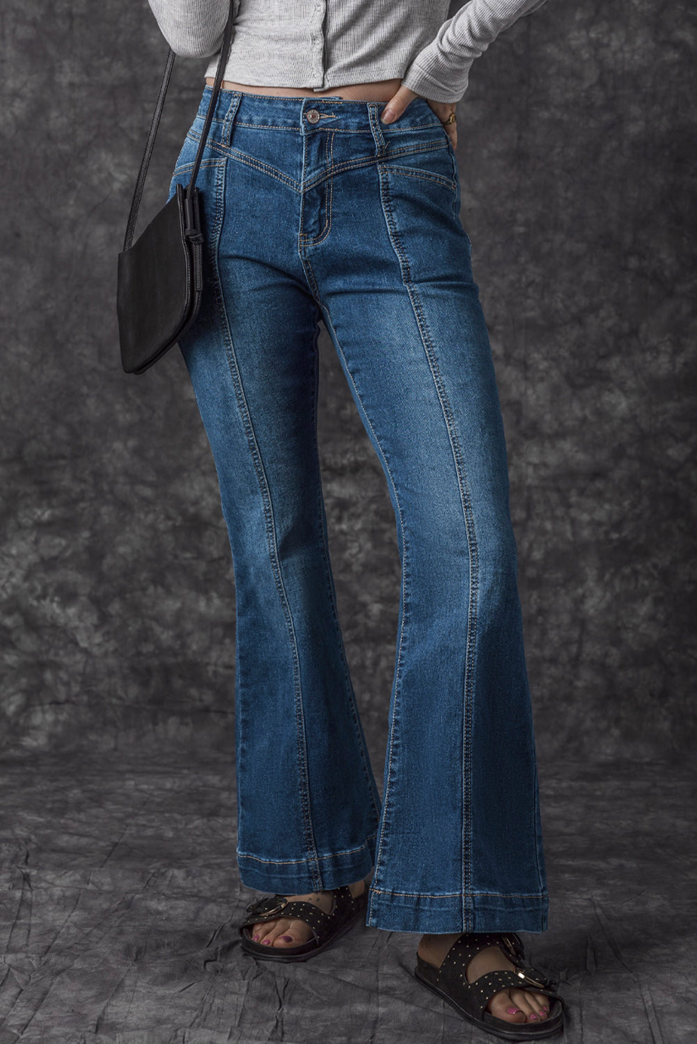Blue High Waist Seam Stitching Pocket Flare Jeans - Premium Bottoms from Momma Done Gone Crafty- Just $60! Shop now at Momma Done Gone Crafty
