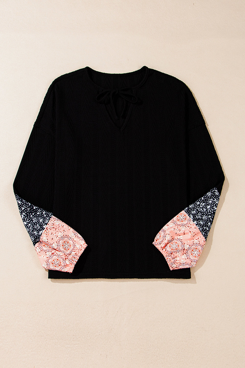 Black Floral Patchwork Textured Knit Drawstring V Neck Blouse - Premium Tops/Blouses & Shirts from Ashes 2 Wildflowers Boutique, LLC- Just $18.55! Shop now at Ashes 2 Wildflowers Boutique, LLC