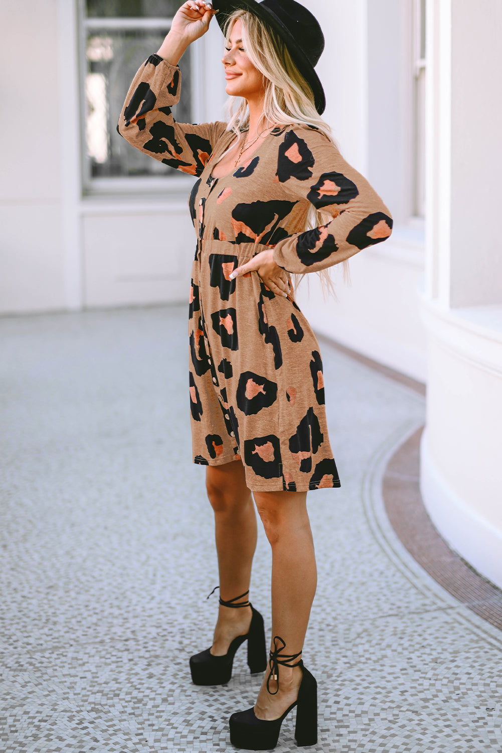 Leopard Print Button Front Bubble Sleeve Loose Knit Dress - Premium Dresses from Momma Done Gone Crafty- Just $40.80! Shop now at Momma Done Gone Crafty