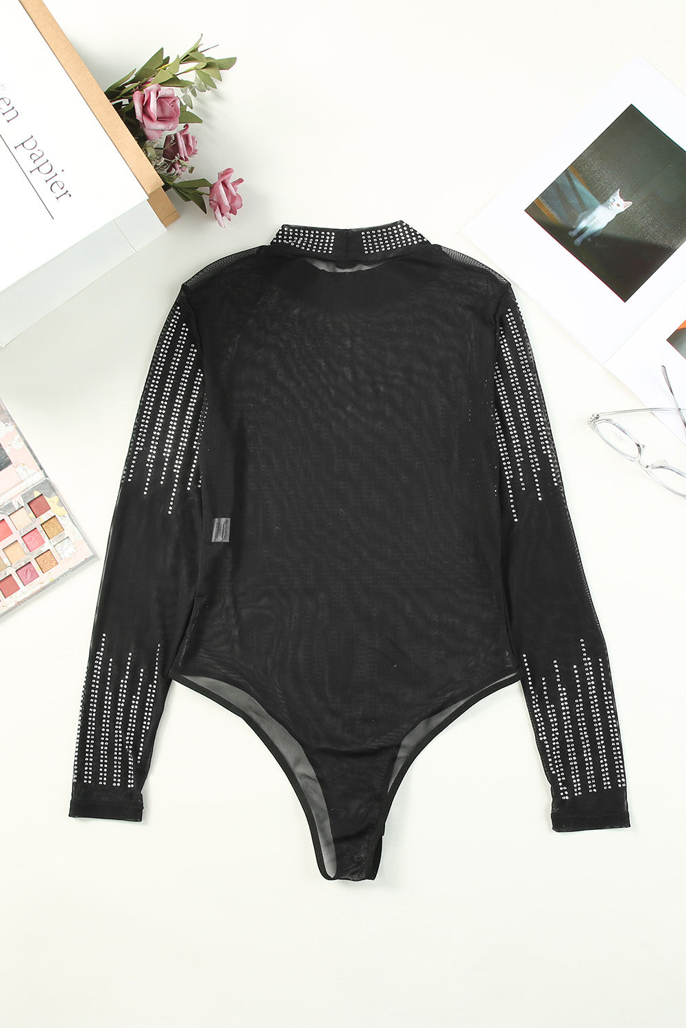 Black Rhinestone Sheer Mesh Long Sleeve Bodysuit - Premium Tops from Momma Done Gone Crafty- Just $242.94! Shop now at Momma Done Gone Crafty