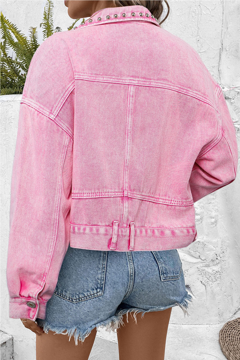 Pink Rivet Studded Pocketed Denim Jacket - Premium Outerwear from Momma Done Gone Crafty- Just $65.99! Shop now at Momma Done Gone Crafty