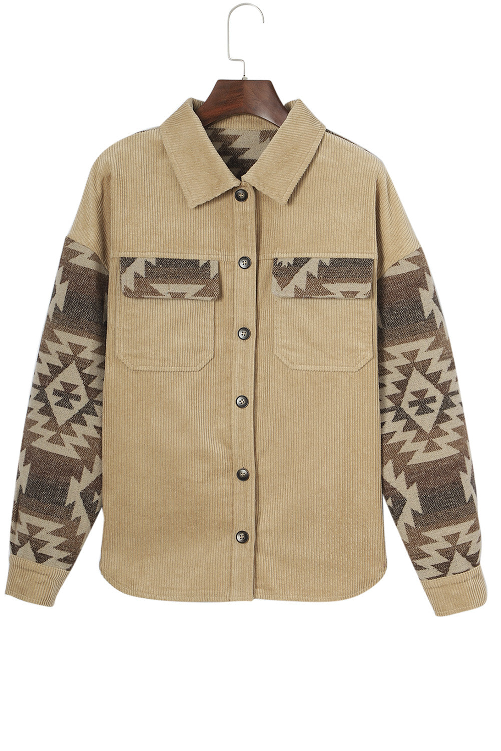 Khaki Aztec Print Patchwork Frayed Edge Corduroy Jacket - Premium Outerwear from Momma Done Gone Crafty- Just $62.70! Shop now at Momma Done Gone Crafty