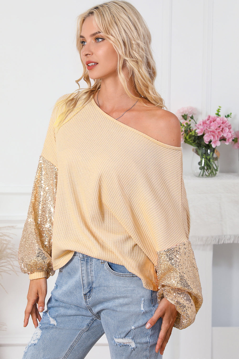 Apricot Sequin Patchwork Sleeve Open Back Waffle Knit Top - Premium Tops from Momma Done Gone Crafty- Just $40.86! Shop now at Momma Done Gone Crafty