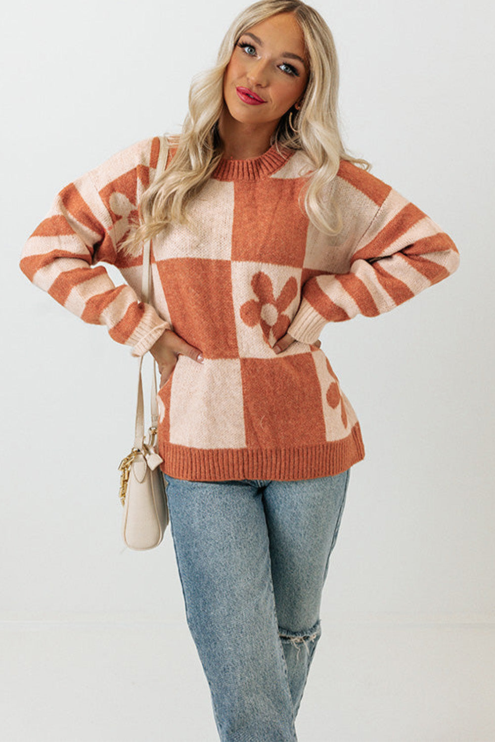 Brown Checkered Floral Print Striped Sleeve Sweater - Premium Tops from Momma Done Gone Crafty- Just $31.50! Shop now at Momma Done Gone Crafty