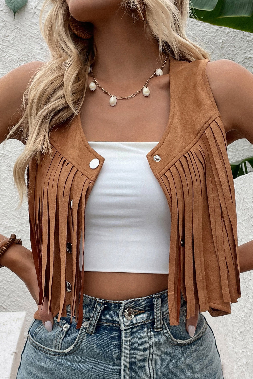 Camel Fringed Snap Button Front Suedette Vest - Premium Outerwear/Jackets from Momma Done Gone Crafty- Just $18.84! Shop now at Momma Done Gone Crafty