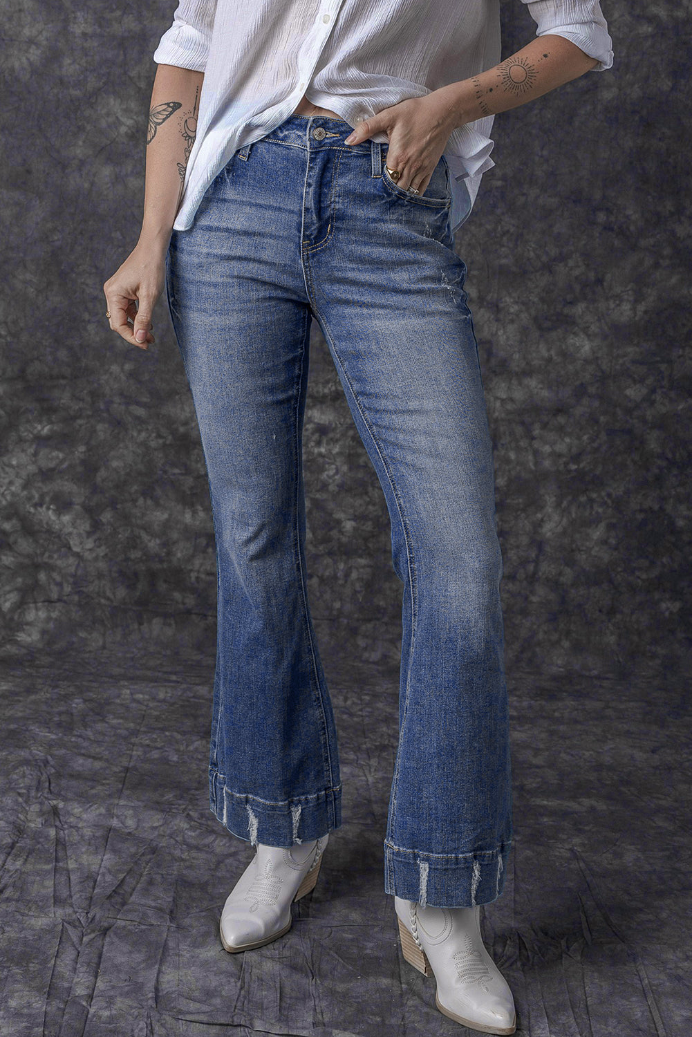 Sky Blue Slight Distressed Medium Wash Flare Jeans - Premium Bottoms from Momma Done Gone Crafty- Just $69.30! Shop now at Momma Done Gone Crafty