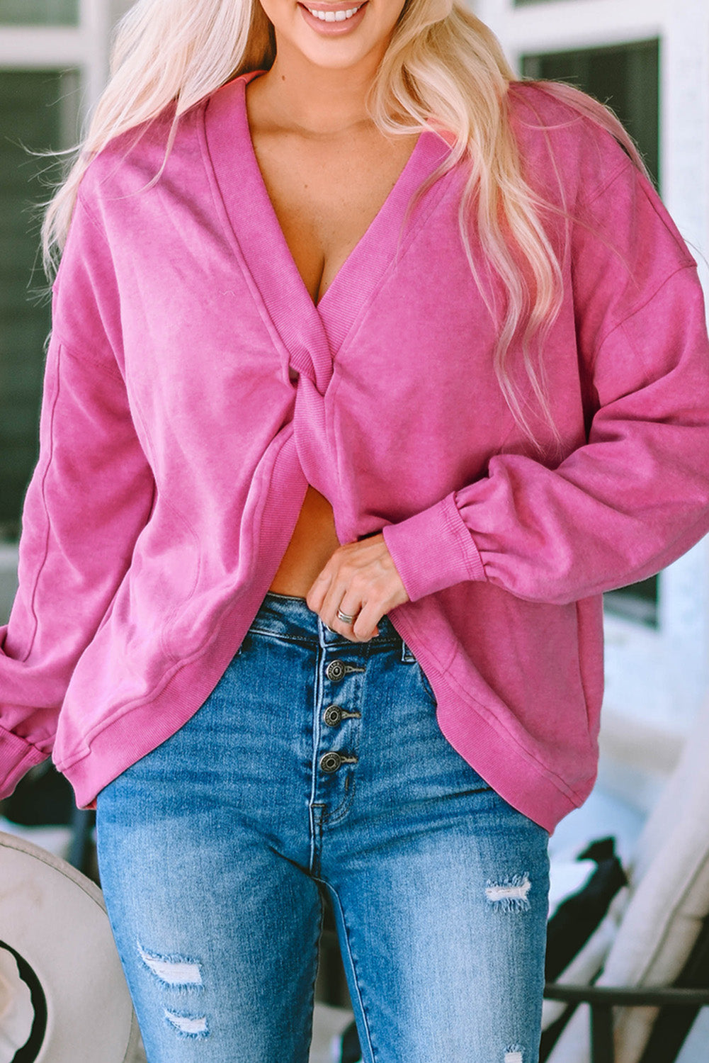 Rose Exposed Seam Twist Open Back Oversized Sweatshirt - Premium Tops from Momma Done Gone Crafty- Just $36.99! Shop now at Momma Done Gone Crafty