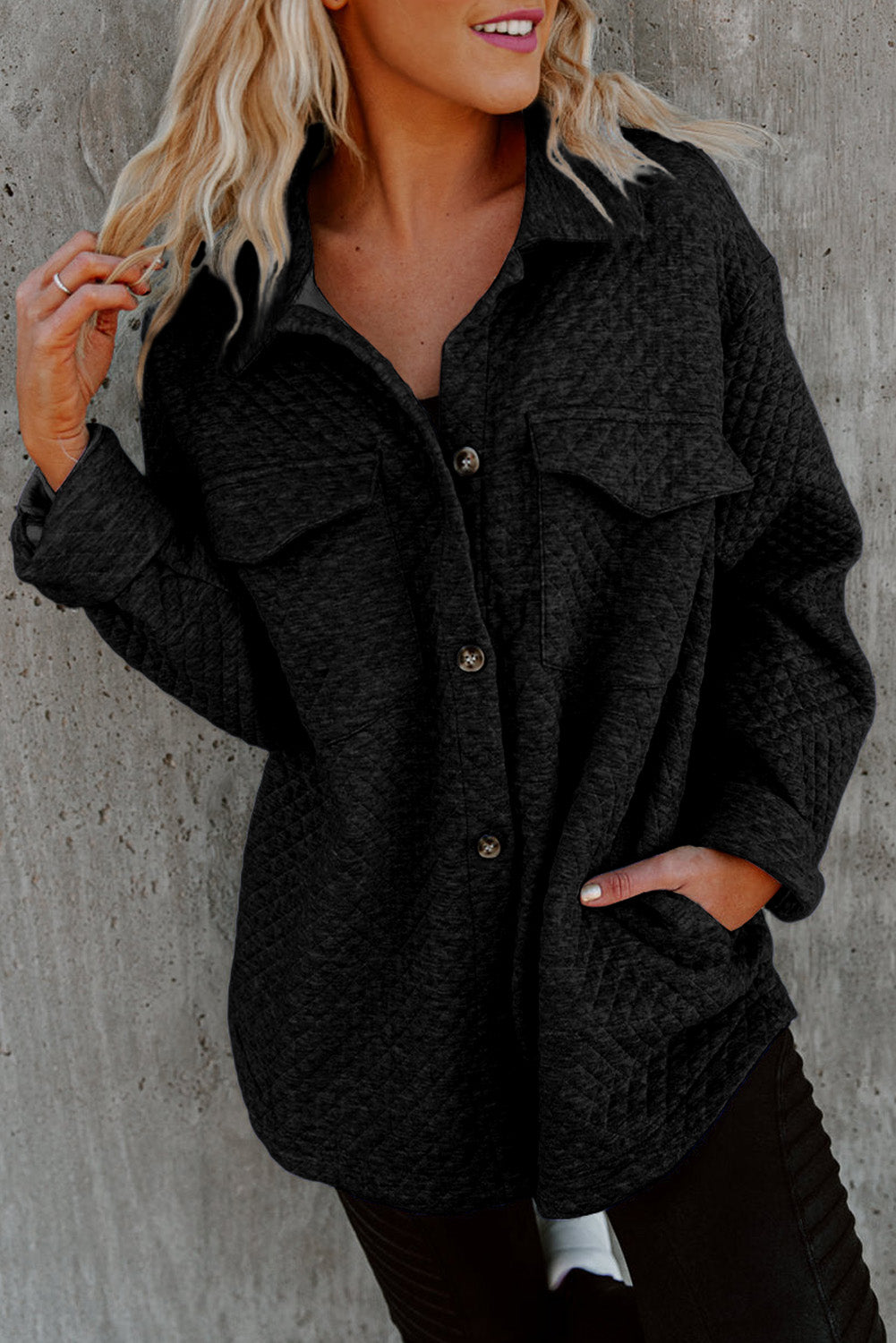 Black Lattice Texture Retro Flap Pocket Button Shacket - Premium Outerwear from Momma Done Gone Crafty- Just $59.10! Shop now at Momma Done Gone Crafty