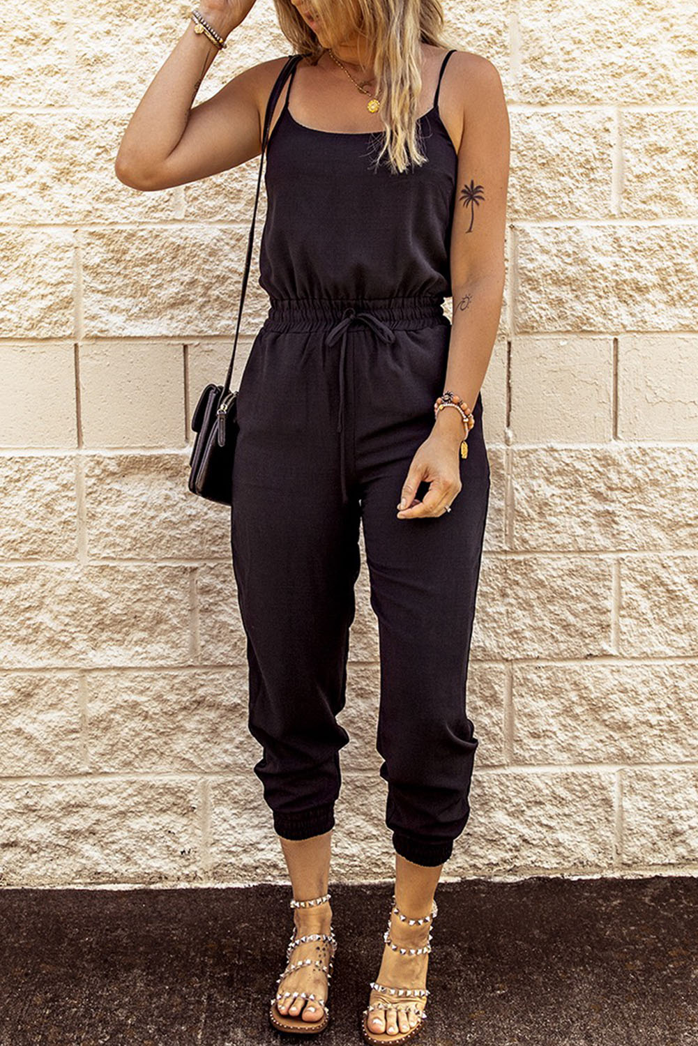 Black Drawstring Waist Spaghetti Straps Jumpsuit - Premium Bottoms from Momma Done Gone Crafty- Just $58.20! Shop now at Momma Done Gone Crafty