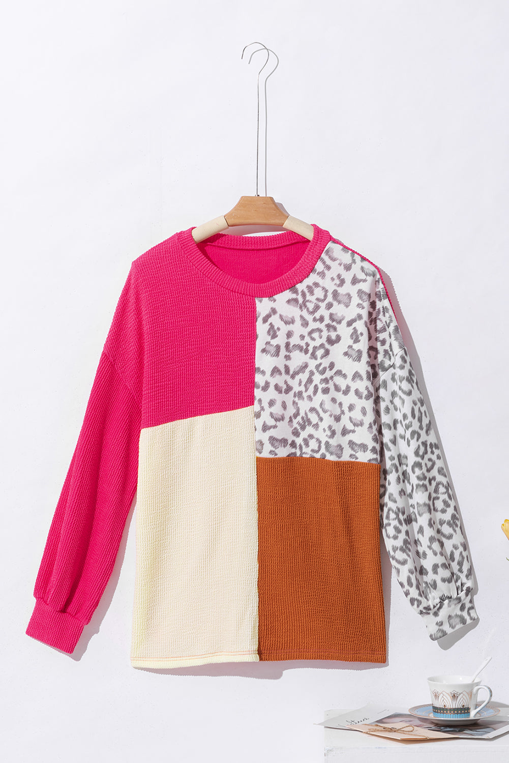 Rose Leopard Patchwork Color Block Ribbed Long Sleeve Top - Premium Tops from Momma Done Gone Crafty- Just $22.99! Shop now at Momma Done Gone Crafty