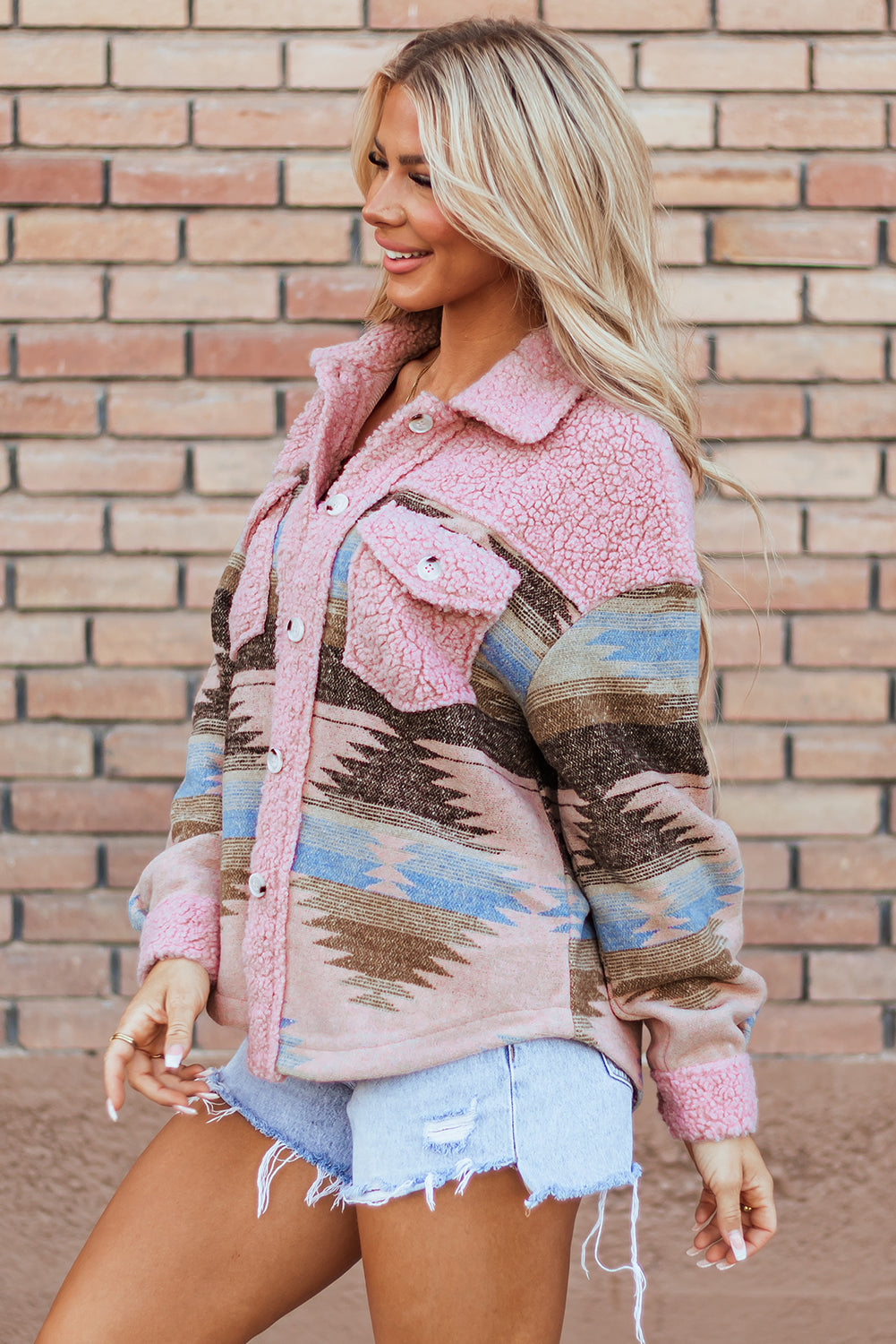 Pink Western Aztec Print Sherpa Splicing Buttoned Flap Pocket Coat - Premium Outerwear/Jackets from Ashes 2 Wildflowers Boutique, LLC- Just $37.40! Shop now at Ashes 2 Wildflowers Boutique, LLC
