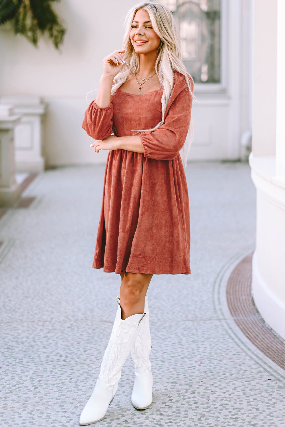 Brown Suede Square Neck Puff Sleeve Dress - Premium Dresses from Momma Done Gone Crafty- Just $44.99! Shop now at Momma Done Gone Crafty