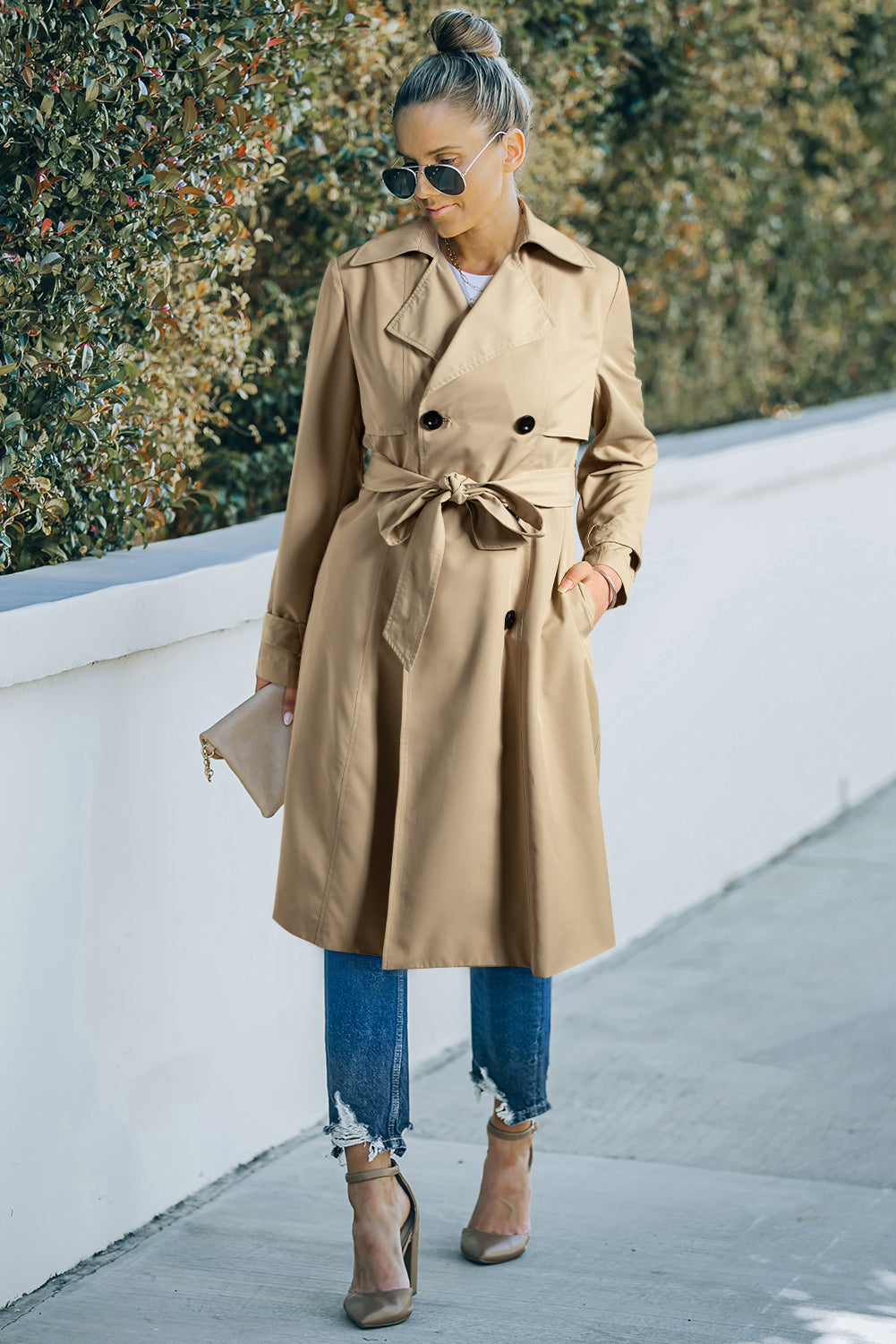 Pale Khaki Solid Color Lapel Collar Waist Tie Wind Coat - Premium Outerwear/Coats from Momma Done Gone Crafty- Just $96.99! Shop now at Momma Done Gone Crafty