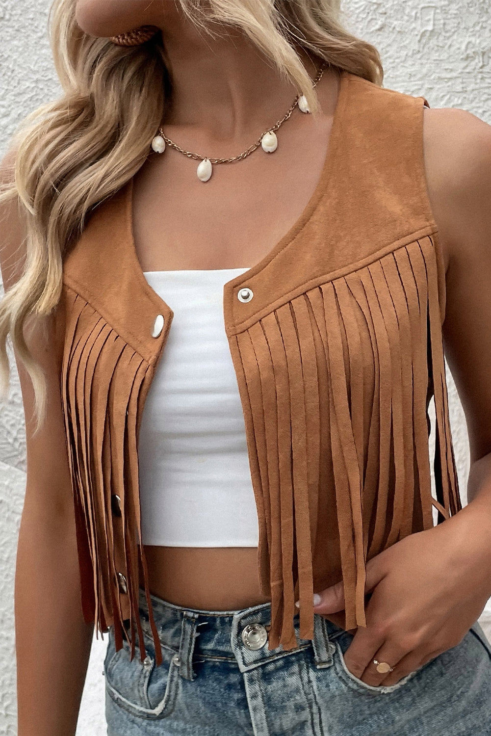 Camel Fringed Snap Button Front Suedette Vest - Premium Outerwear/Jackets from Momma Done Gone Crafty- Just $18.84! Shop now at Momma Done Gone Crafty