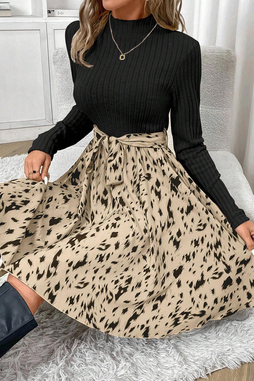 Black Ribbed Knit Patchwork Printed Belted A-line Dress - Premium Dresses/Mini Dresses from Momma Done Gone Crafty- Just $45.99! Shop now at Momma Done Gone Crafty