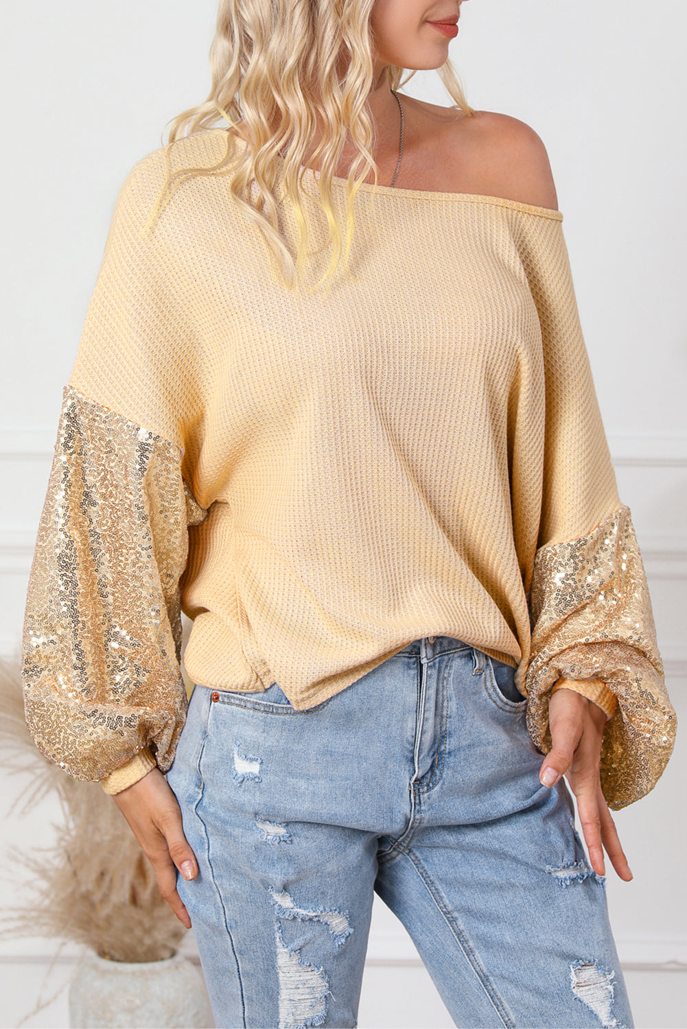 Apricot Sequin Patchwork Sleeve Open Back Waffle Knit Top - Premium Tops from Momma Done Gone Crafty- Just $40.86! Shop now at Momma Done Gone Crafty
