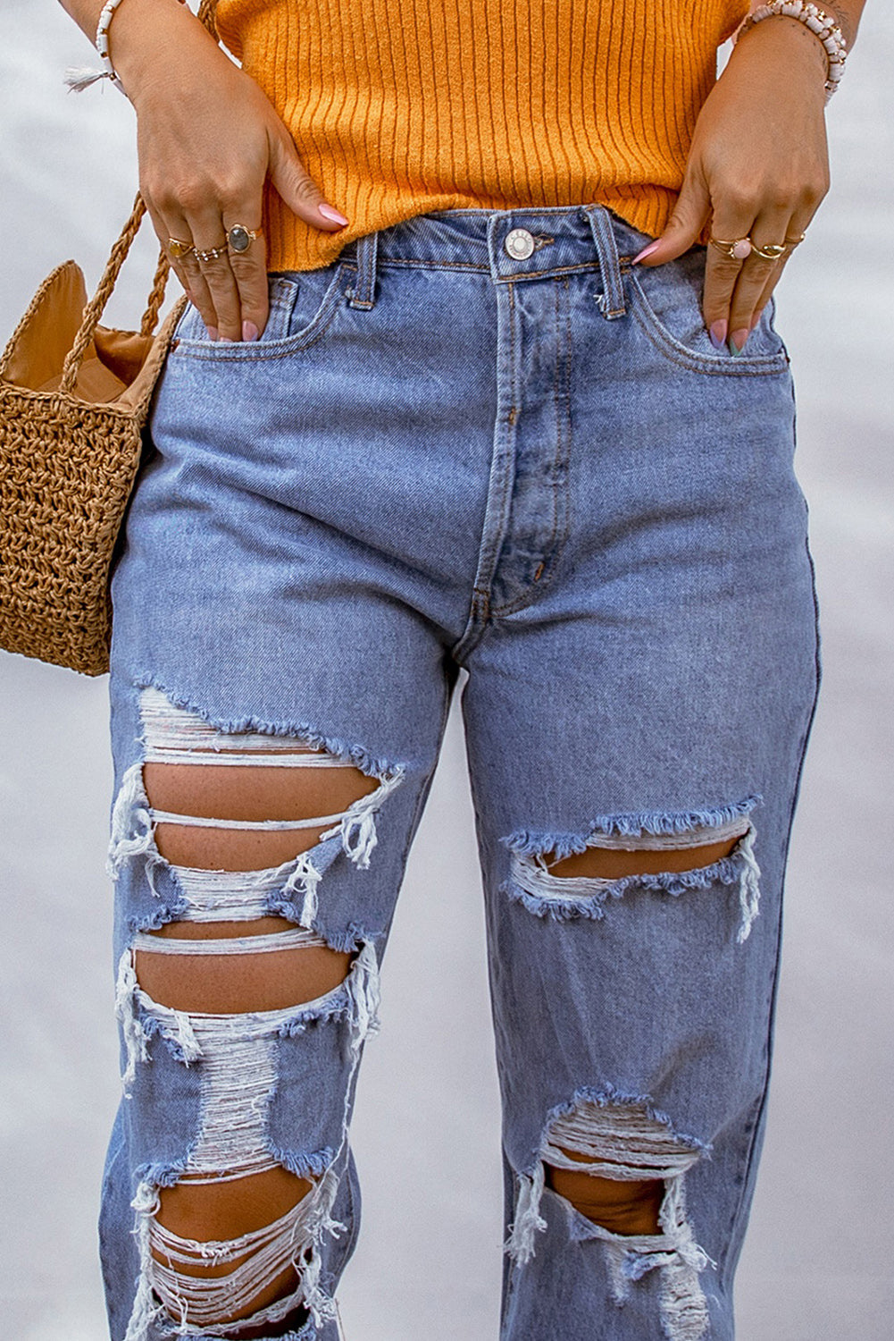 Sky Blue Heavy Destroyed Big Hole Boyfriend Jeans - Premium Bottoms from Momma Done Gone Crafty- Just $55.99! Shop now at Momma Done Gone Crafty