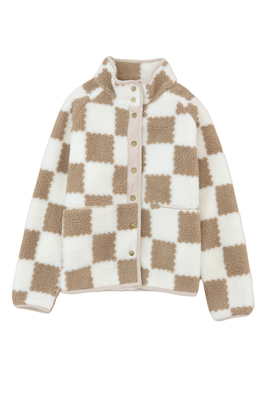 Brown Checked Snap Button Sherpa Jacket - Premium Outerwear from Momma Done Gone Crafty- Just $53.40! Shop now at Momma Done Gone Crafty