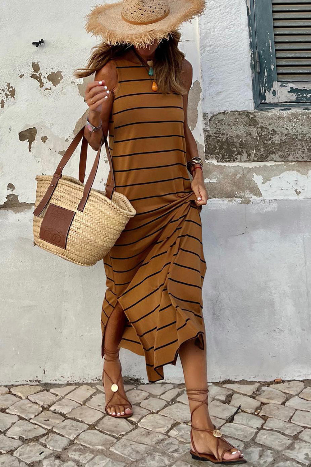 Brown Stripe Print Open Back Sleeveless Maxi Dress with Slits - Premium Dresses from Momma Done Gone Crafty- Just $49.80! Shop now at Momma Done Gone Crafty
