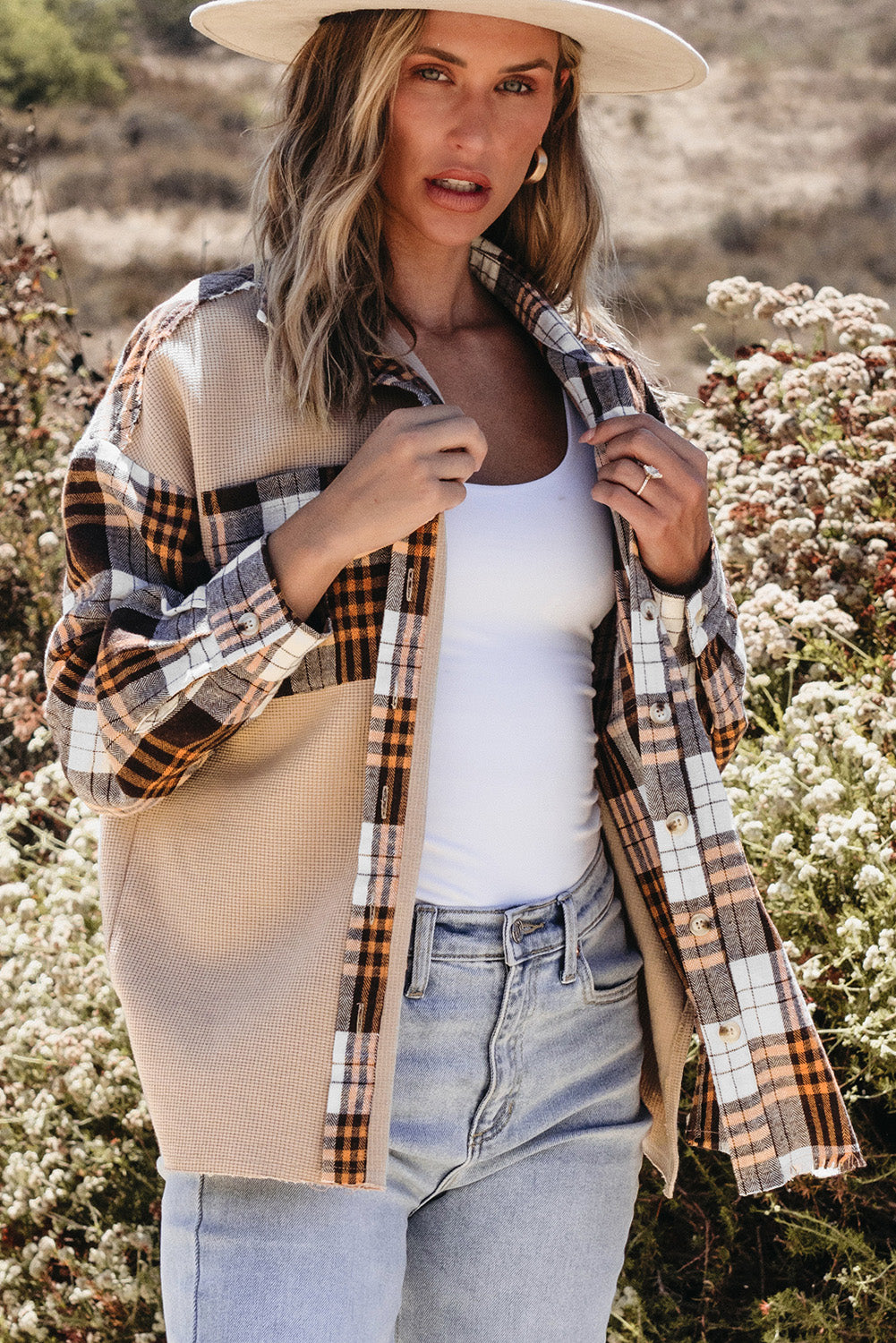 Khaki Thermal Knit Plaid Patchwork Shacket - Premium Outerwear/Plaid Shackets from Momma Done Gone Crafty- Just $45.99! Shop now at Momma Done Gone Crafty