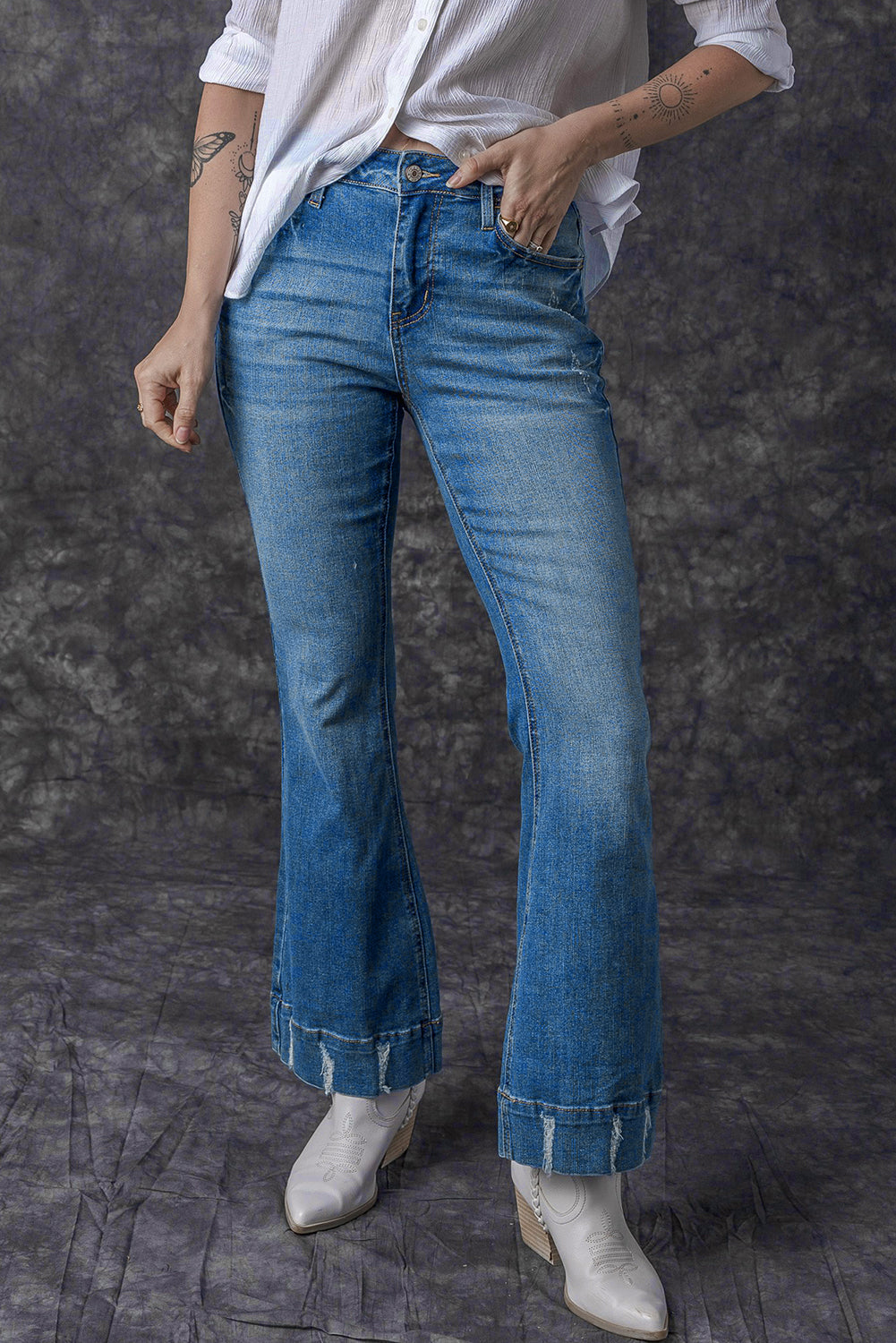Sky Blue Slight Distressed Medium Wash Flare Jeans - Premium Bottoms from Momma Done Gone Crafty- Just $69.30! Shop now at Momma Done Gone Crafty